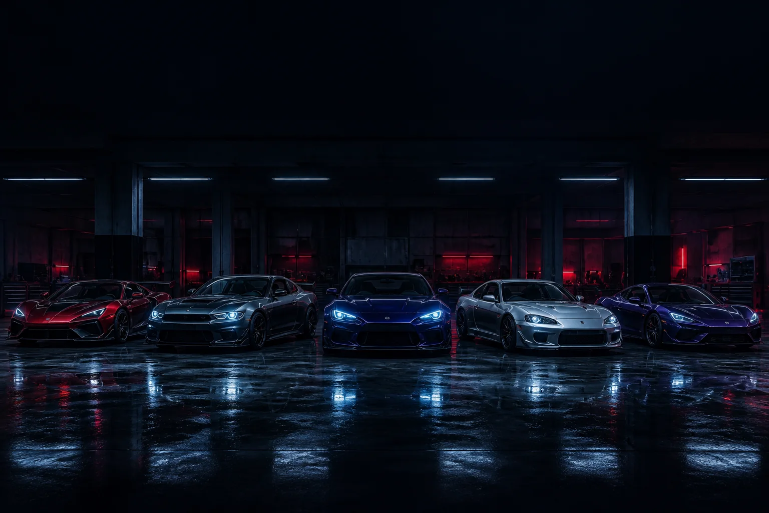 Five fictional performance cars in a dark modern garage