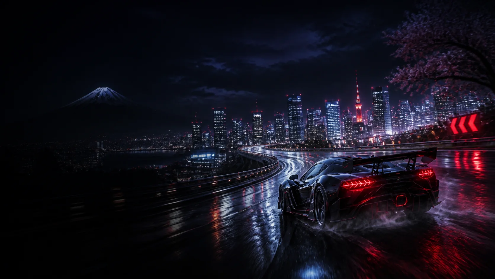 Fictional performance car racing through a rain-soaked Tokyo expressway at night